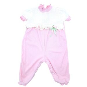 Vintage Doe-Spun Crawler Baby Girl Pink White Ruffle Bow Vintae 6-9 Months